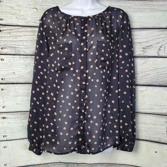 LOFT Women’s L Sheer Black Floral Blouse Long Sleeve Button Front Lightweight To - Picture 1 of 7
